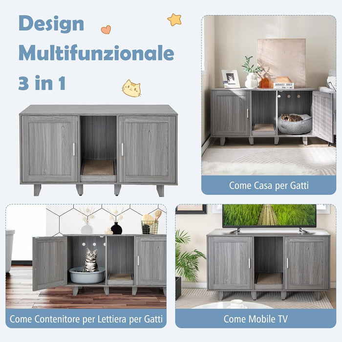 Mobile per Lettiera per Gatti 120 x 52 x 65 cm, Casetta per Gatti con 2 Ante, Fori, Tiragraffi e Gambe Staccabili, Mobile Versatile e Moderno per Salotto (Quercia grigia)