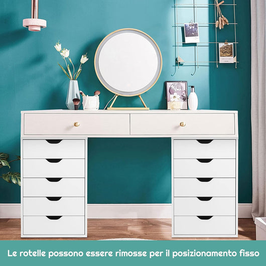 Cassettiera da Ufficio con 5 Cassetti e Ruote, Mobiletto Multiuso per Documenti e Cosmetici, Comodino con Ruote per Camera da letto, Studio, Ufficio e Soggiorno (Bianco)