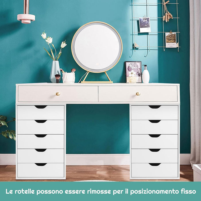 Cassettiera da Ufficio con 5 Cassetti e Ruote, Mobiletto Multiuso per Documenti e Cosmetici, Comodino con Ruote per Camera da letto, Studio, Ufficio e Soggiorno (Bianco)