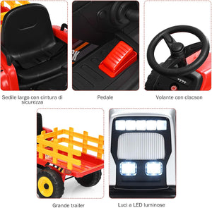 Trattore con Rimorchio Cavalcabile per Bambini 12V, Trattore Elettrico Telecomandato, con Luci e Suoni, 30kg, 3+ Anni (Rosso)