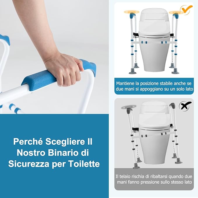 Supporto di Sicurezza Telaio Autonomo per WC, Supporto per WC Regolabile in Altezza e Larghezza con Cinghia di Fissaggio, Con Ventose Antiscivolo (Blu)