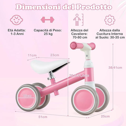 Bicicletta Senza Pedali per Bambini 1-3 Anni, Bicicletta Equilibrio con 4 Ruote, Manubrio e Sella Regolabili in Altezza, Bici per Bambini, Portata 25 kg