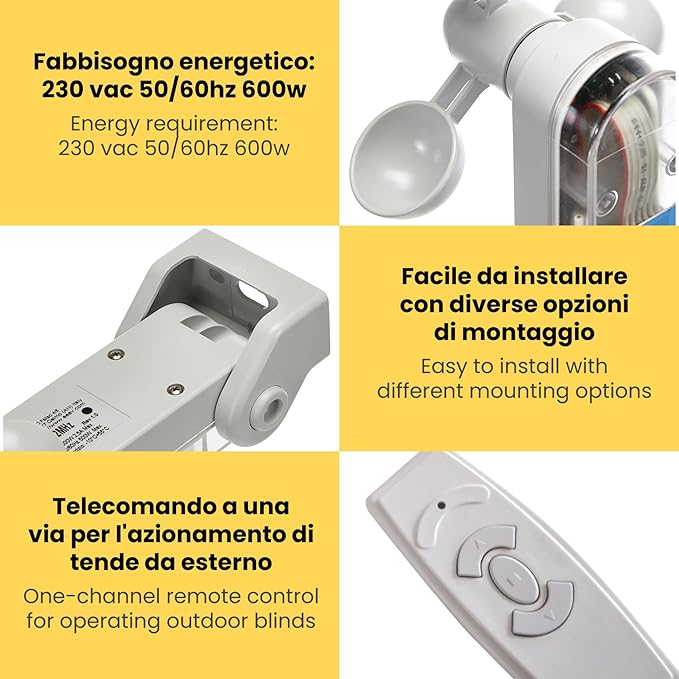 Motore Elettrico Professionale 100Kg/50Nm Silenzioso con Asta Soccorso, Centralina Sole-Vento-Pioggia, Telecomando - Tapparelle/Tende Sole Ø63mm