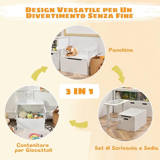 Cassapanca Contenitore 3 in 1 per Bambini Trasformabile in Legno con Scatola dei Giocattoli, Tavolo bambini con Sedie Multifunzione per 3-7 Anni (Bianco)