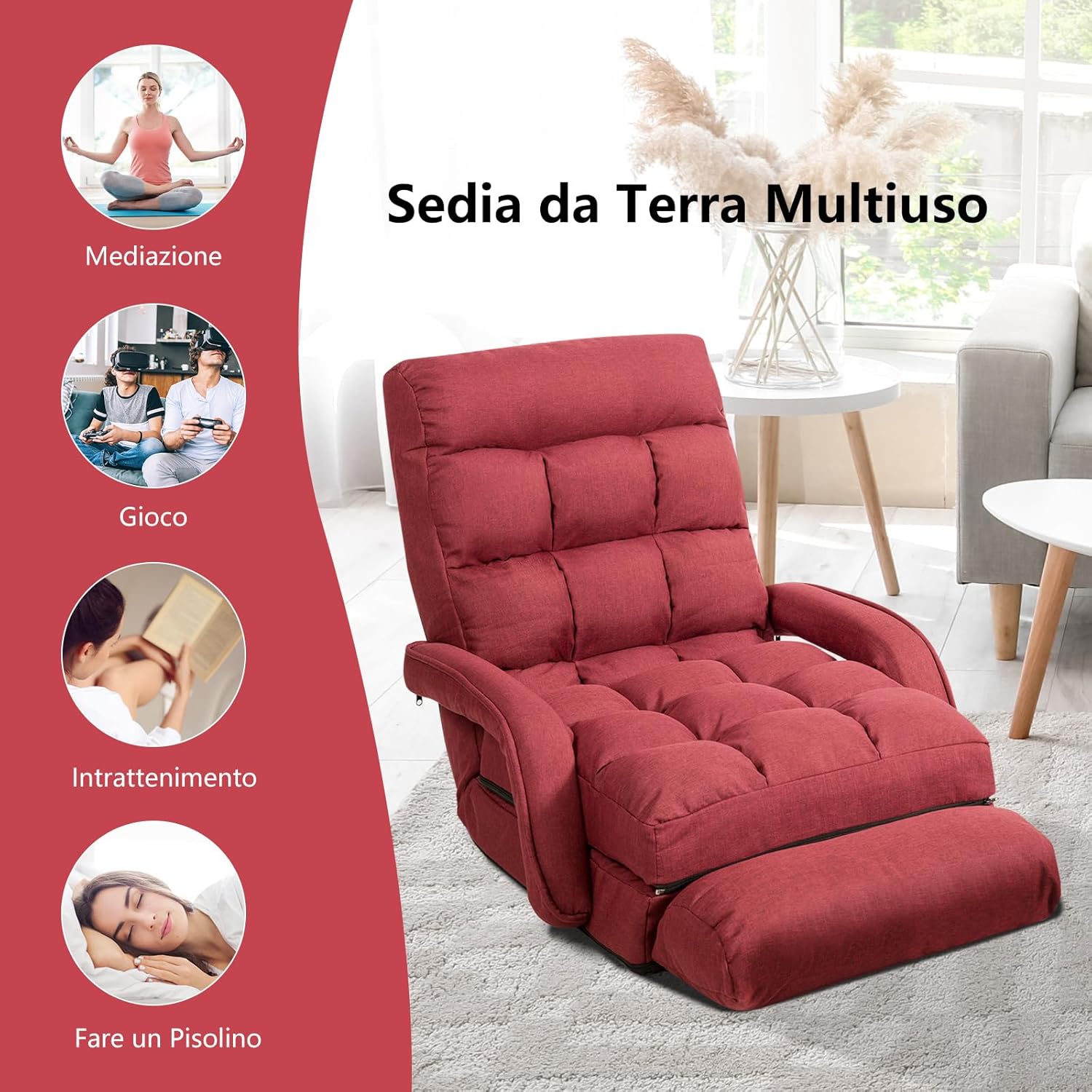 Poltrona Divano con 5 Livelli Regolabili, Sedia da Terra con Braccioli e Cuscino, Struttura in Acciaio, Multifunzione e Pieghevole per Soggiorno Camera da Letto, 55x66x71 cm (Rosso)