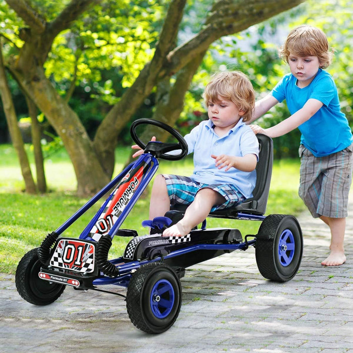Go Kart a Pedali per Bambini, con Sedile Regolabile e Freno a Mano, Go Kart Veicolo per Bambini 3-8 Anni, Portata Massima 30 kg (Blu)