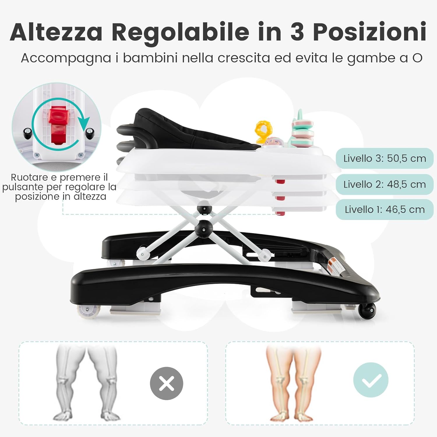3 in 1 Girello per Bambini, Girello Pieghevole per Bambini, con 3 Altezze Regolabili, Sedile Imbottito e Piatto Giocattolo Rimovibile, Girello a Spinta con Ruote, per Bambini 6+ Mesi (Nero)