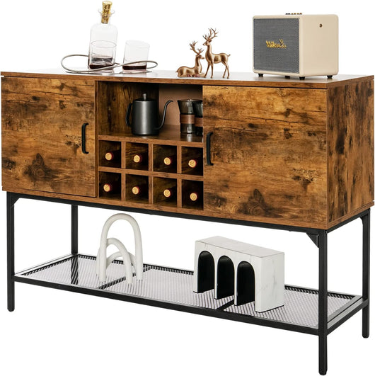 Credenza Industriale per Buffet, Mobile da Cucina con Portabottiglie, Ripiano in Rete Metallica, 2 Ante, Armadietto da Cucina a 2 Livelli per Sala da Pranzo, Soggiorno