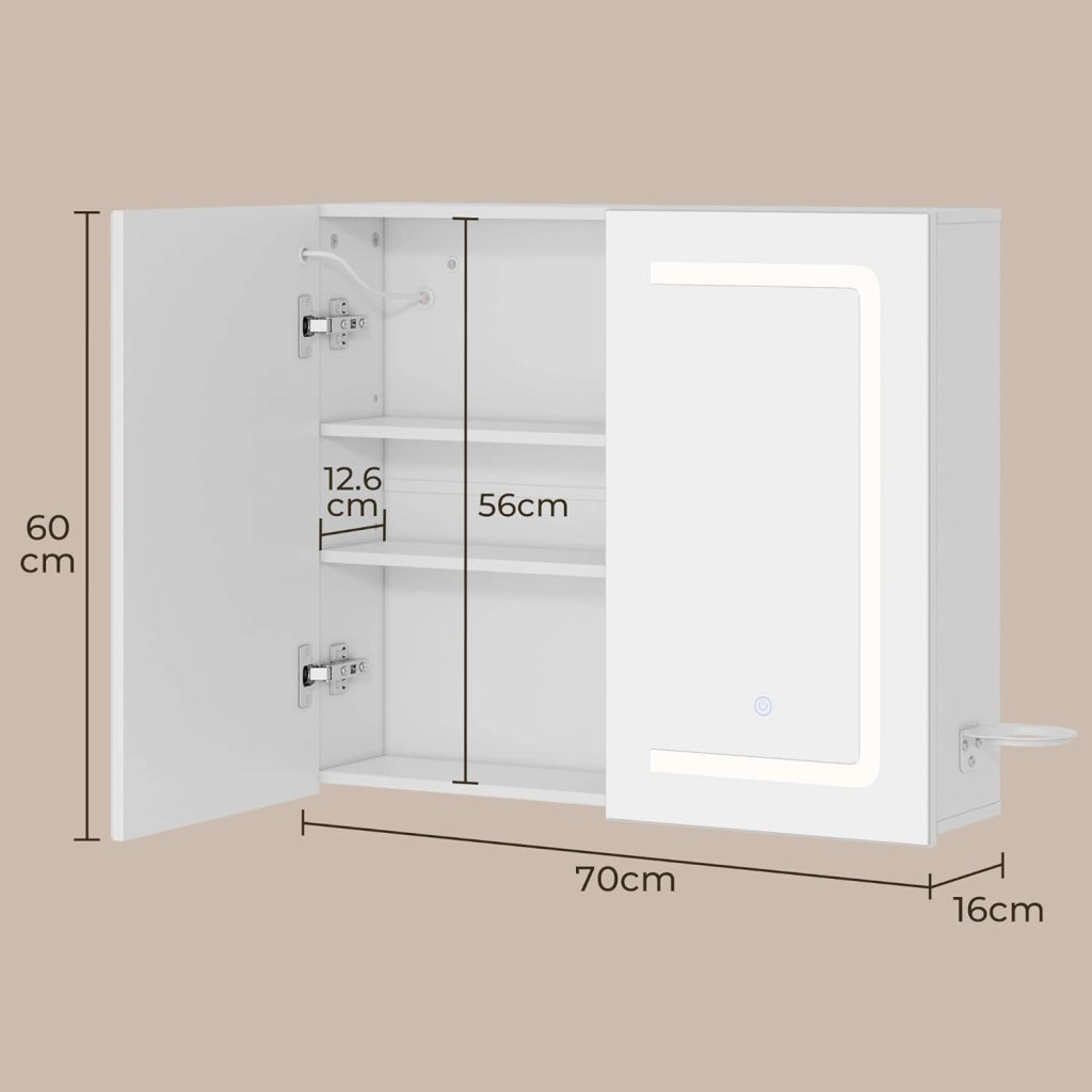 Armadio da bagno con specchio e illuminazione a LED, dimmerabile, con sensore di contatto,presa elettrica, ripiani regolabili,doppia porta in MDF di alta qualità,70X16X60CM,Bianco