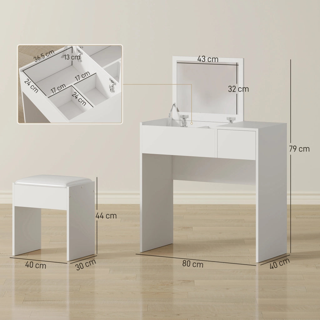 Cassettiera Trucco con Specchio Richiudibile e Sgabello ¨C zephmum ¨C MDF Bianco, 80x40x79 cm