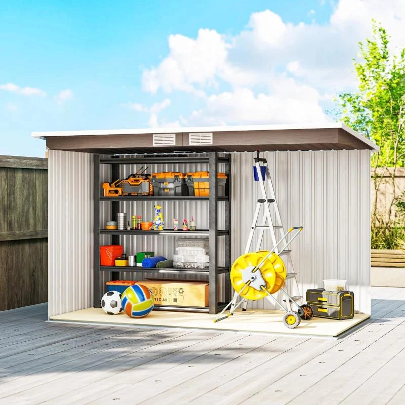 RIPOSTIGLIO DA GIARDINO IN ACCIAIO CON 2 PRESE D'ARIA E 2 PORTE SCORREVOLI, 280X130X172 CM, MARRONE LEGNO