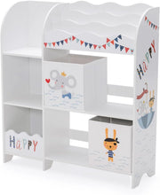 Scaffale per bambini, organizer per giocattoli con 2 scatole e 5 scomparti e 2 ripiani aperti, scaffale per giocattoli, libreria, scaffale bianco, cameretta dei bambini, camera da letto (pirati