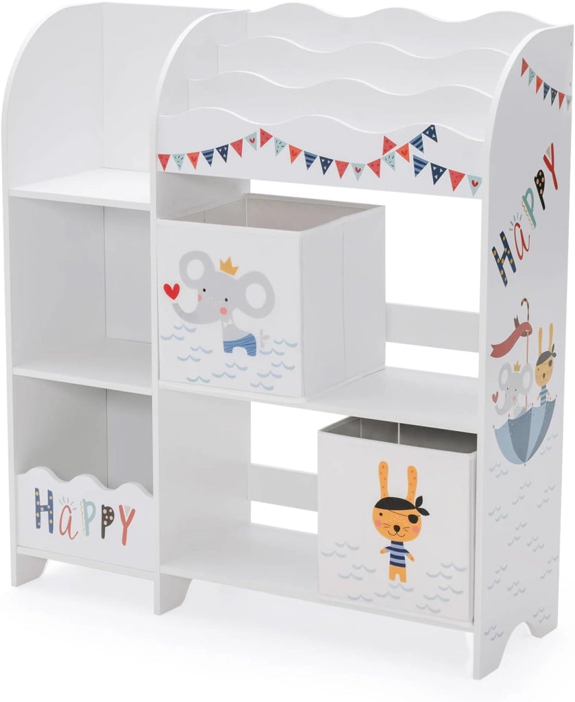 Scaffale per bambini, organizer per giocattoli con 2 scatole e 5 scomparti e 2 ripiani aperti, scaffale per giocattoli, libreria, scaffale bianco, cameretta dei bambini, camera da letto (pirati