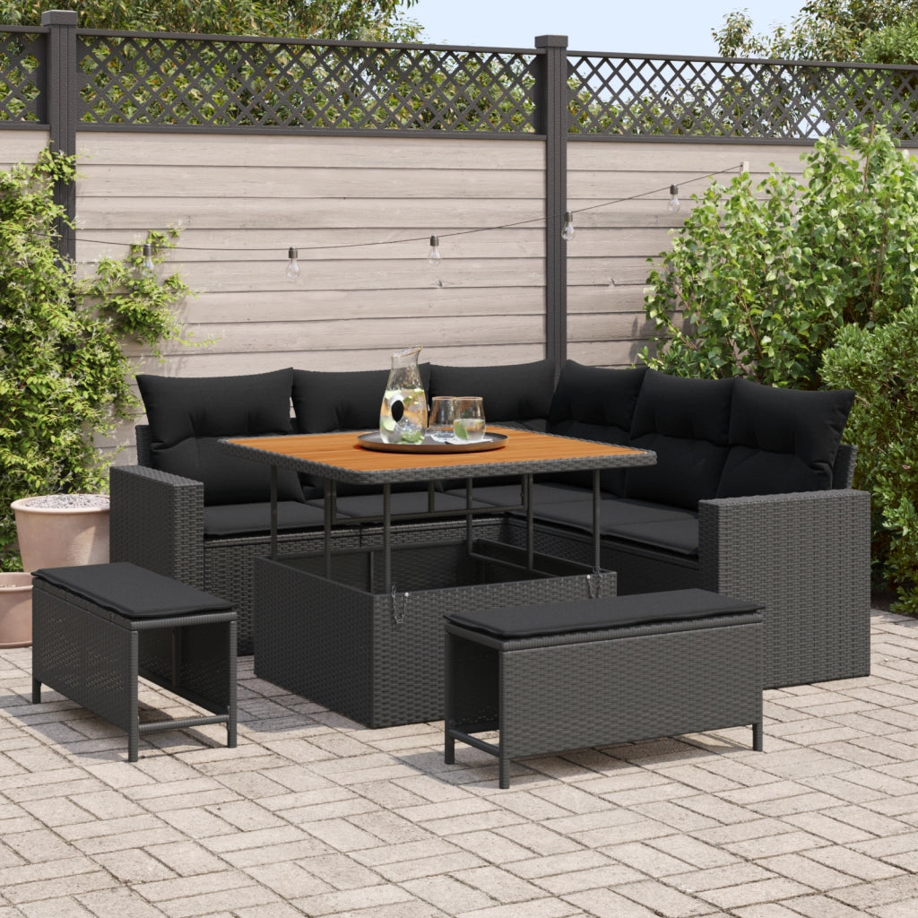 Set di divani da giardino  8 pezzi con cuscini Nero Polyrattan Acacia