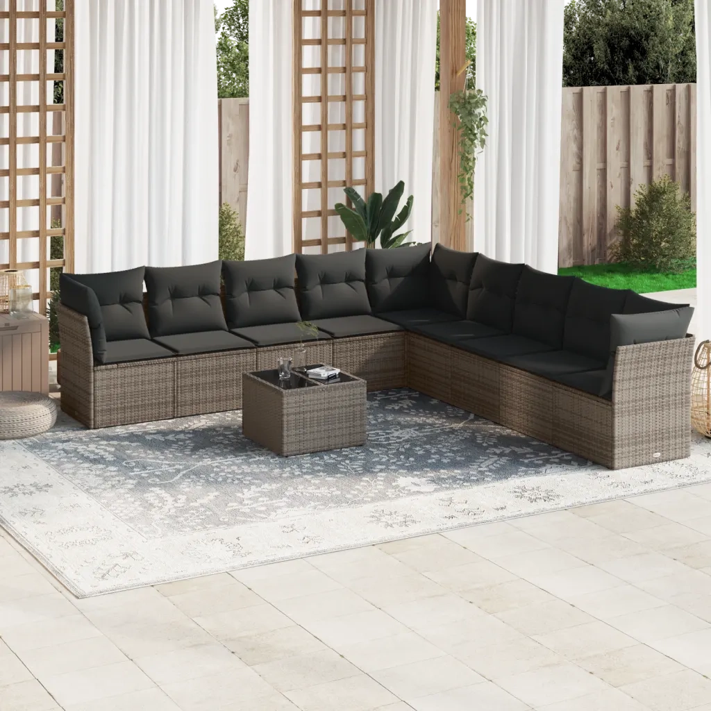 Set Divano da Giardino 10 pz con Cuscini Grigio in Polyrattan 3249629