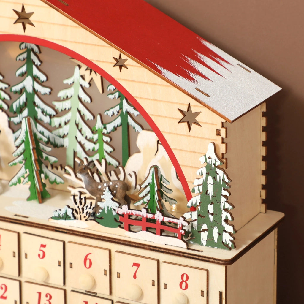 Calendario dell'Avvento 24 Cassetti con LED ¨C Minimal ¨C Legno Naturale 36x10x34 cm