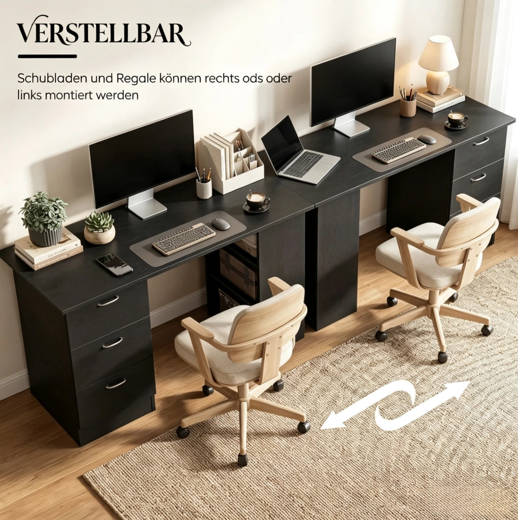 Scrivania per computer in MDF nero con 3 ripiani e 3 cassetti, 120x49x72 cm