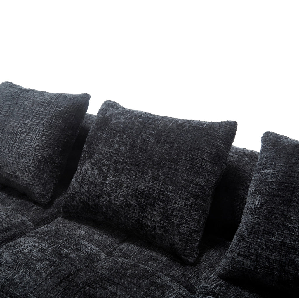 Divano angolare modulare 3 posti in ciniglia nera con chaise longue, tasche laterali e cuscini
