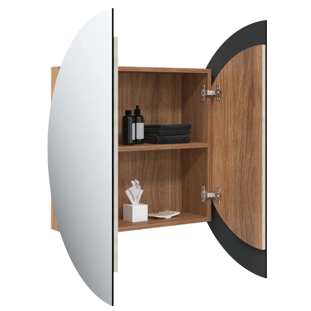 Armadio da Bagno con Specchio Rotondo e LED Rovere 54x54x17,5cm 345590