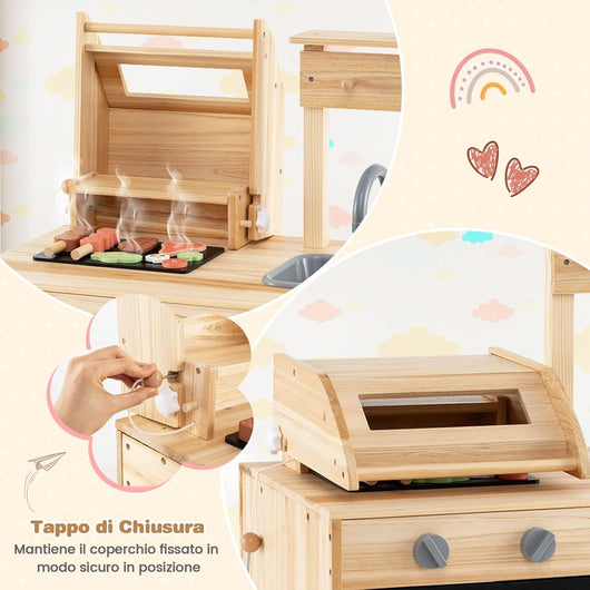 Cucina Giocattolo per Giardino Set di Griglia per Barbecue, Cucina per Bambini in Legno di Abete con Lavagna e Lavello, Set Cucina con 25 Accessori BBQ, 69 x 40 x 90 cm, per Bambini 3+ Anni