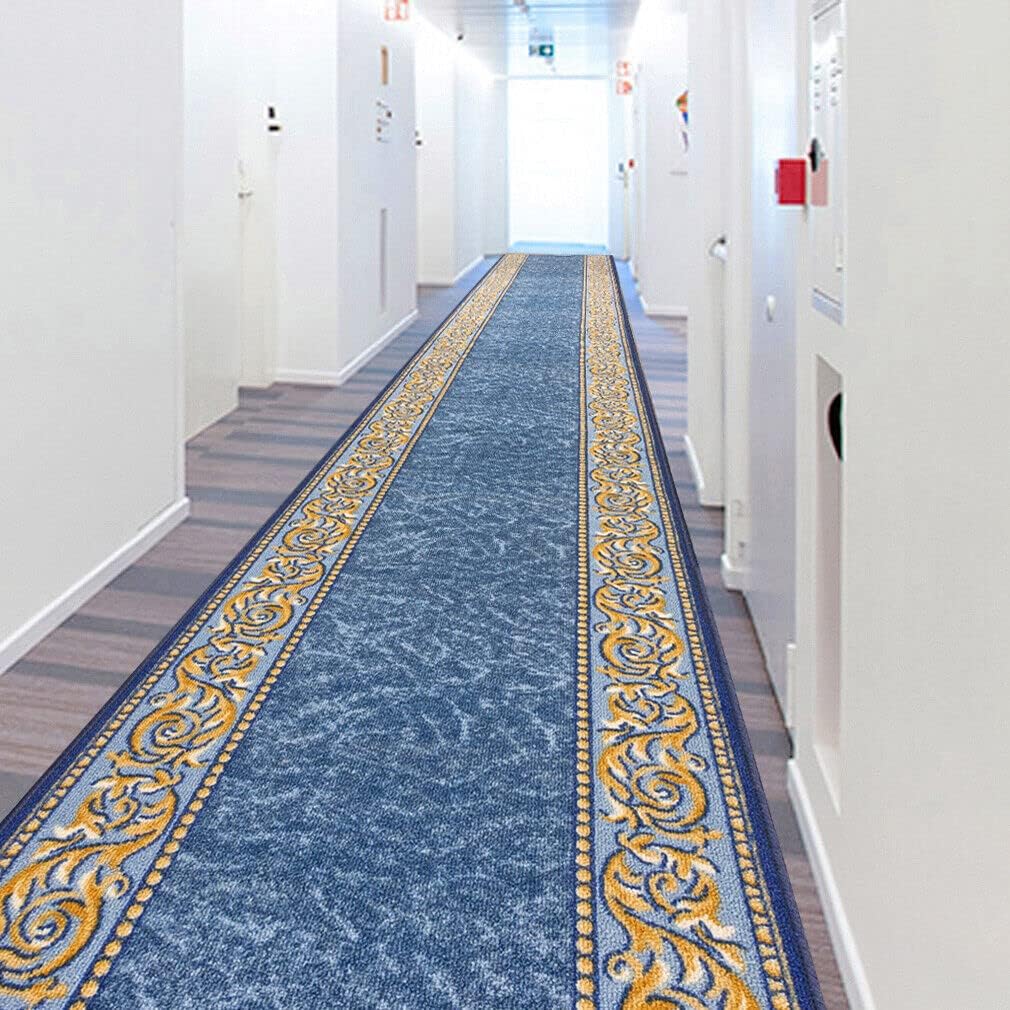 Passatoia Scala Bordata 67x600 cm Ingresso Corridoio Tappeto Cucina Gradini Stile Barocco Blu