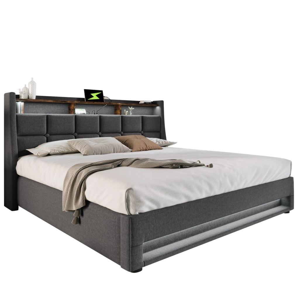 Letto matrimoniale imbottito 180x200 cm in lino grigio con LED e USB; senza materasso