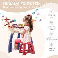 Pianola per Bambini 3-6 Anni con Sgabello, Microfono, Tamburo e Bacchette, in PP e ABS, 74x32.2x71 cm