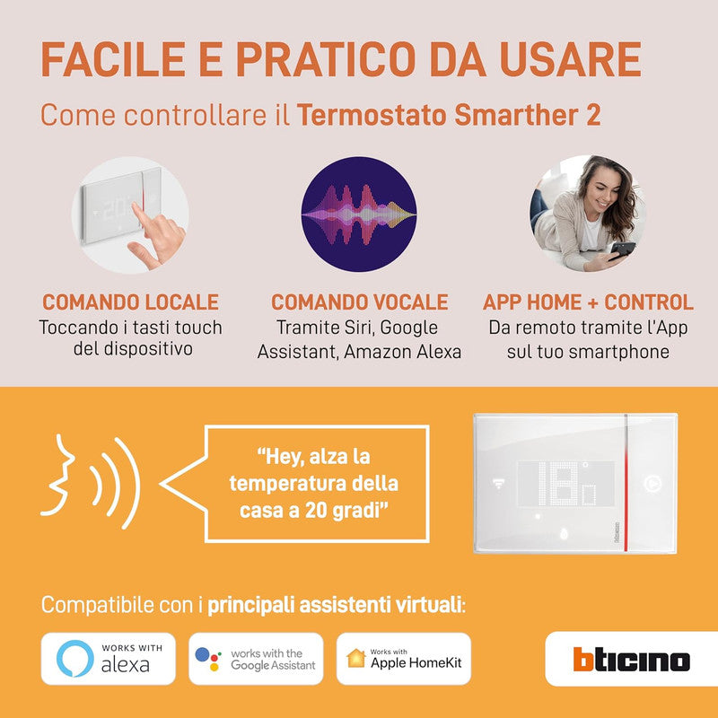 Bticino SXW8002 TERMOSTATO WIFI DIGITALE Smarther2 with Netatmo, Termostato Caldaia da Incasso Bianco, Programmabile, Comando da App, Alexa e Google