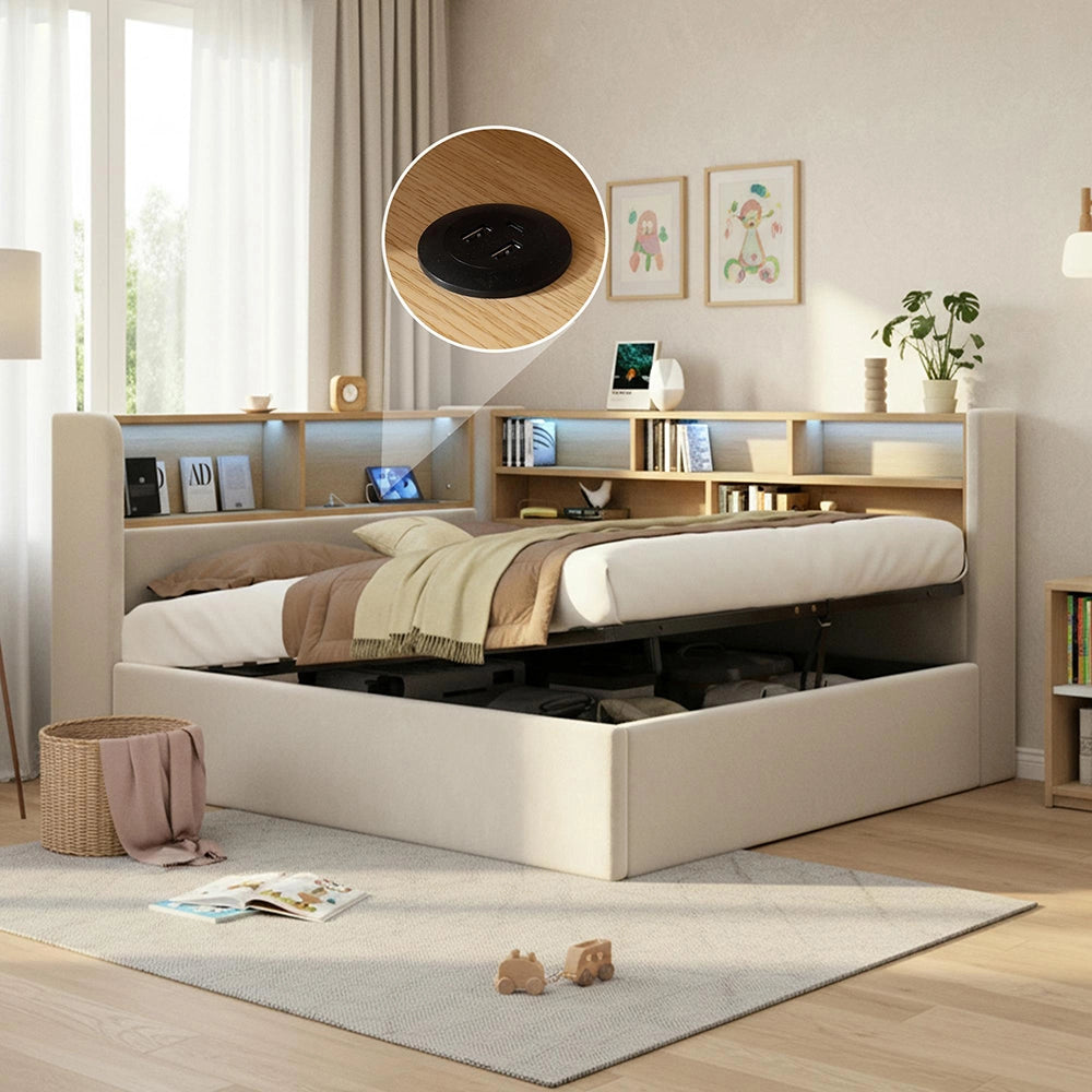 Divano letto con LED - Xylo - 140x190 cm - Beige - Spazio idraulico USB