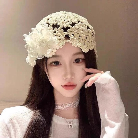 Cappelli estivi per donne, berretto elegante con fiore a perle/lucido, cappello con motivi floreali in maglia per donne, cappello estivo, cappelli per donne