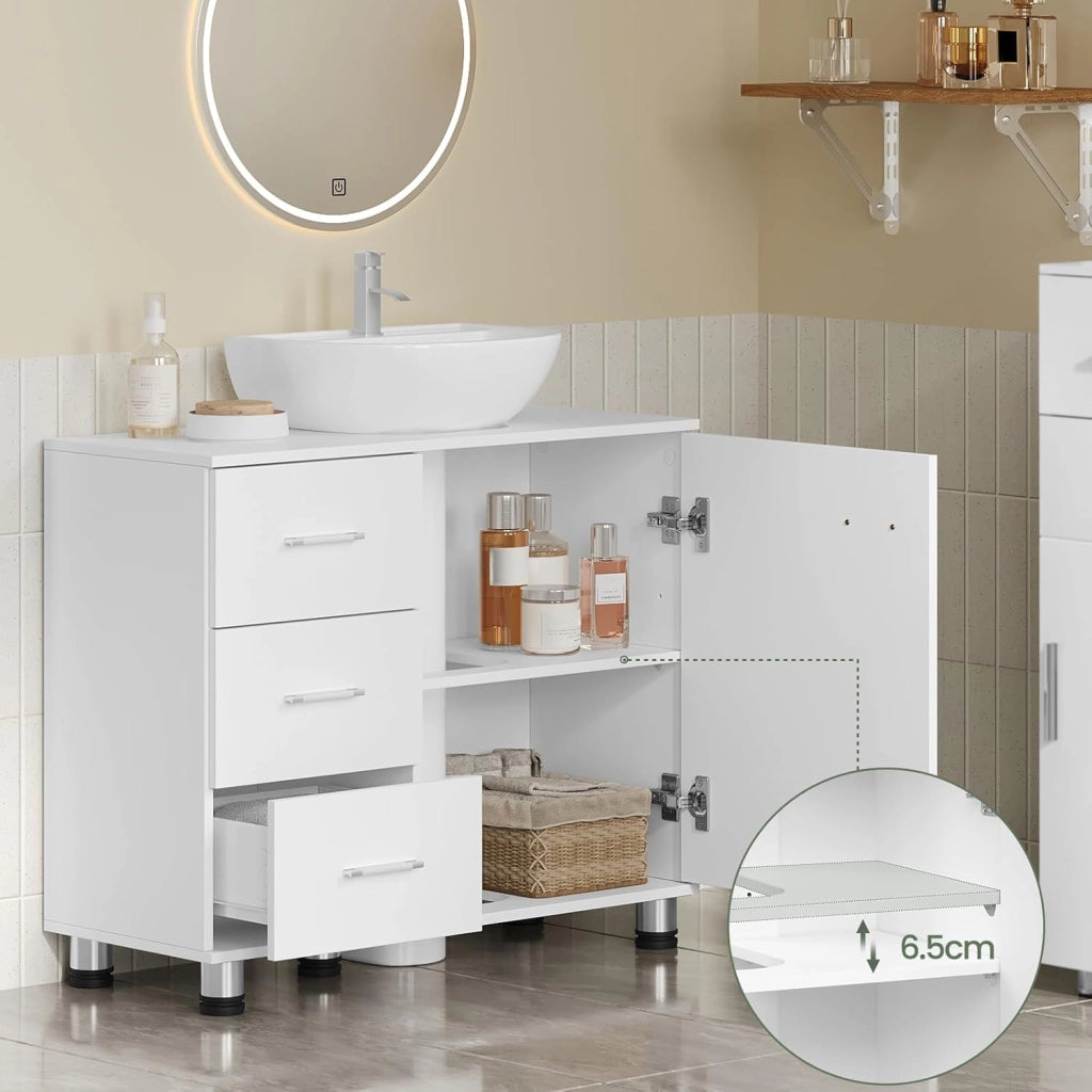 Mobiletto Sotto Lavabo con Ripiano Regolabile, Mobile da Bagno Freestanding con Anta a Cassetto, 70x60x30 cm, Mobiletto da Bagno Bianco