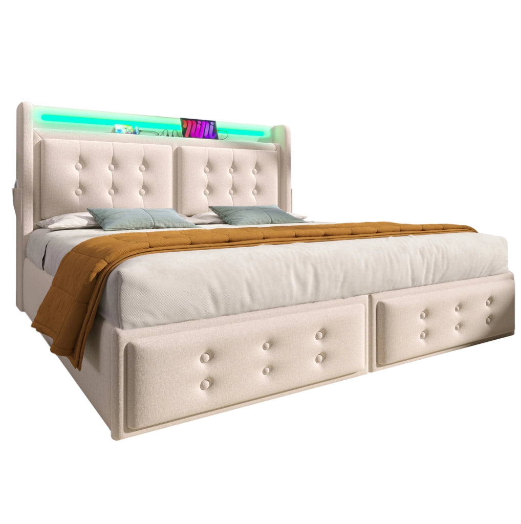 Letto matrimoniale imbottito 160x200 con LED, porte USB e 4 cassetti