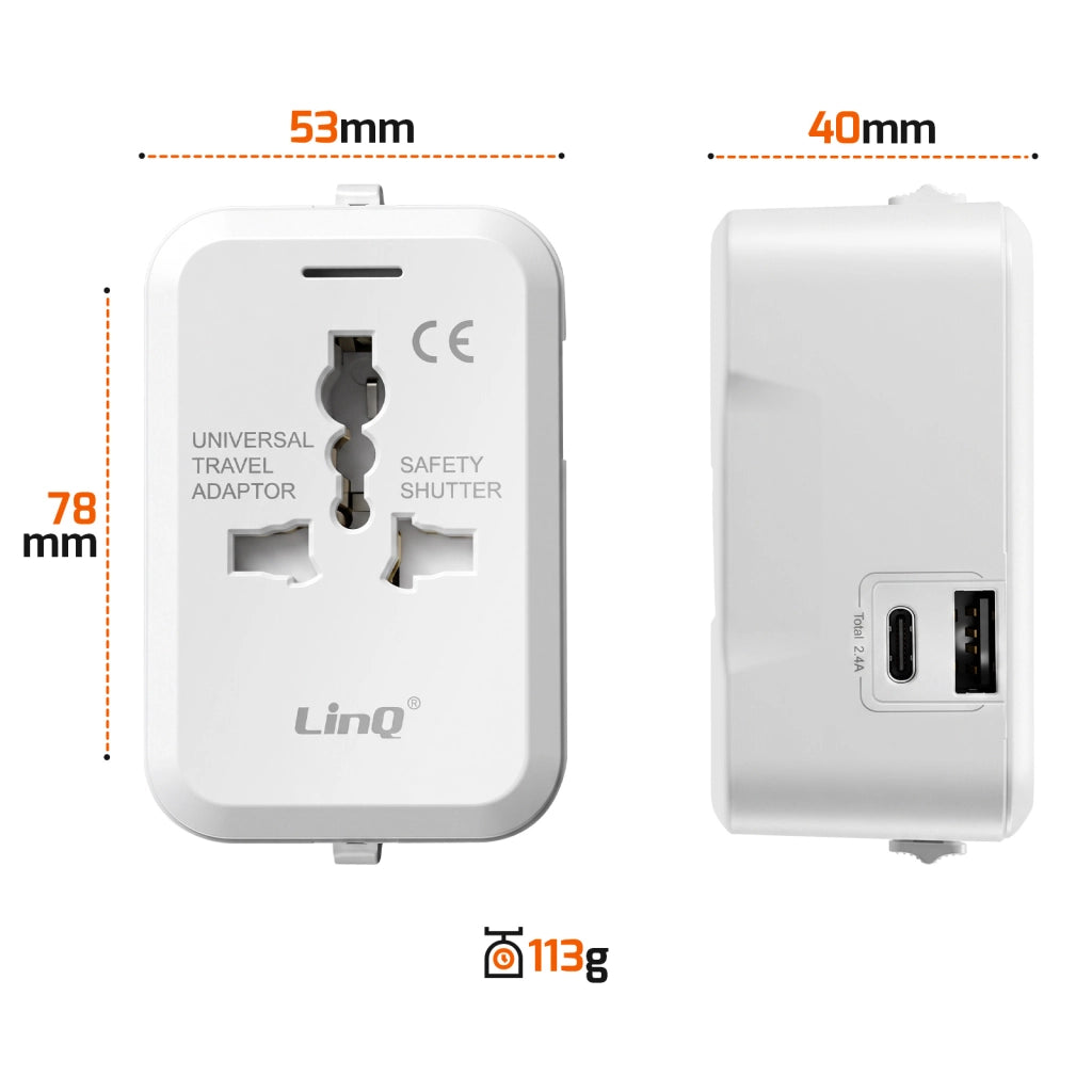Adattatore Multipresa Internazionale Universale 2000W con 1 USB e USB-C Bianco LinQ