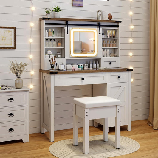 Toeletta da Trucco con Luci LED a 3 Colori Luminosit¨¤ Regolabile, Tavolo da Trucco con Specchio Scorrevole e Piano di Vetro, Postazione Trucco con 4 Cassetti e Armadietto, Bianco