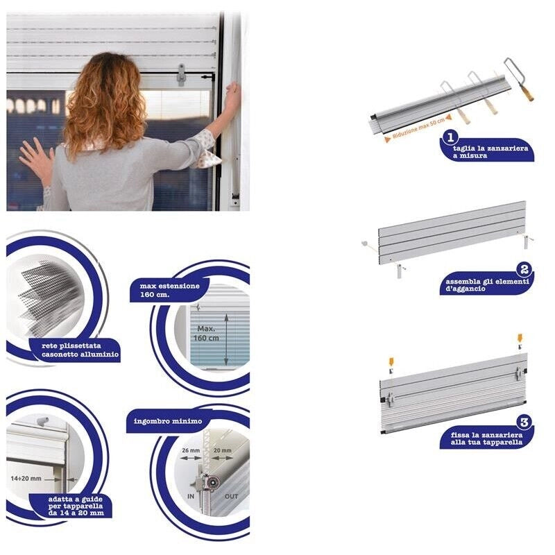 ZANZARIERA SALE E SCENDE CON TAPPARELLA 100 X 160 CM BIANCO RETE PLISSE'