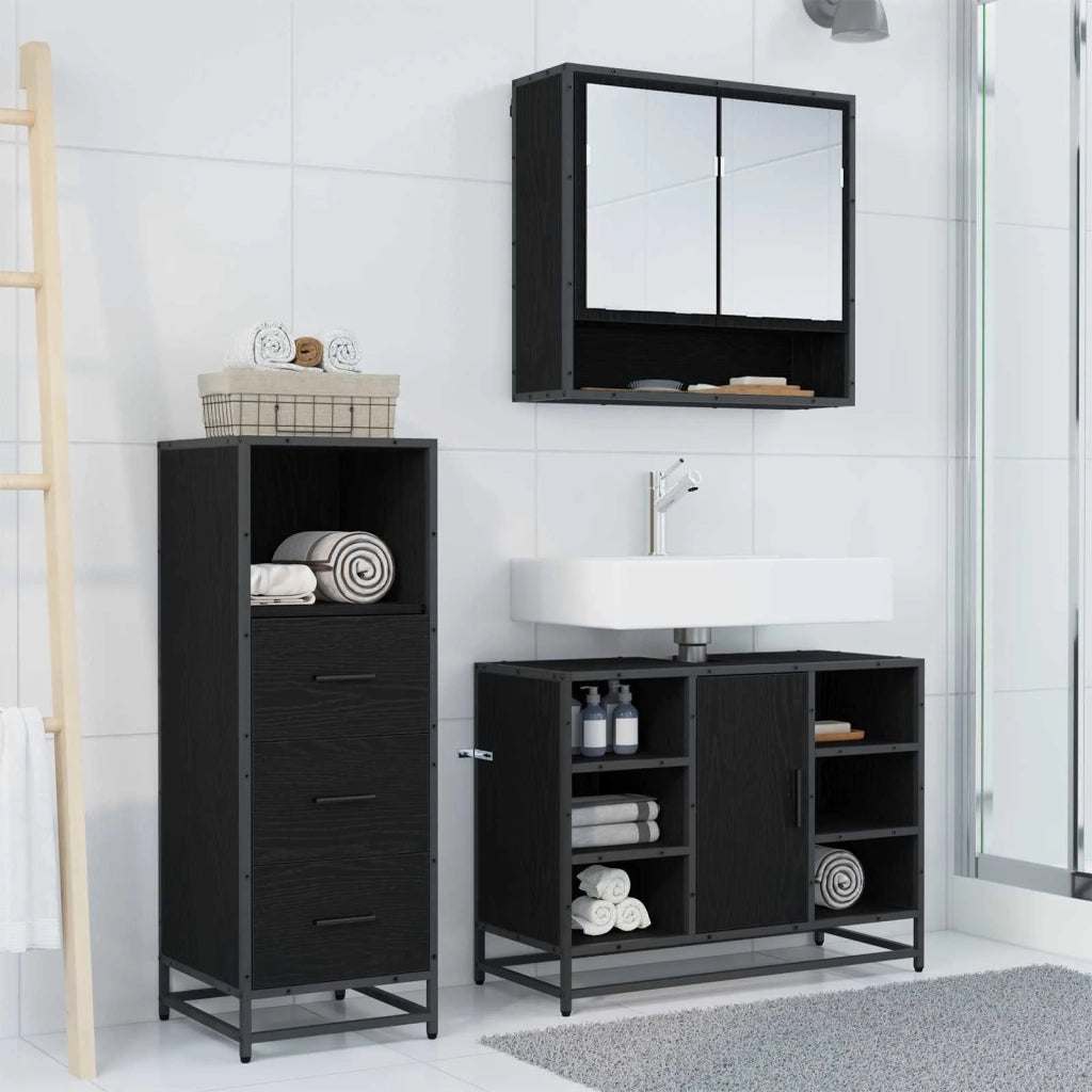 Set di mobili per il bagno 3 pcs Rovere Nero Legno multistrato