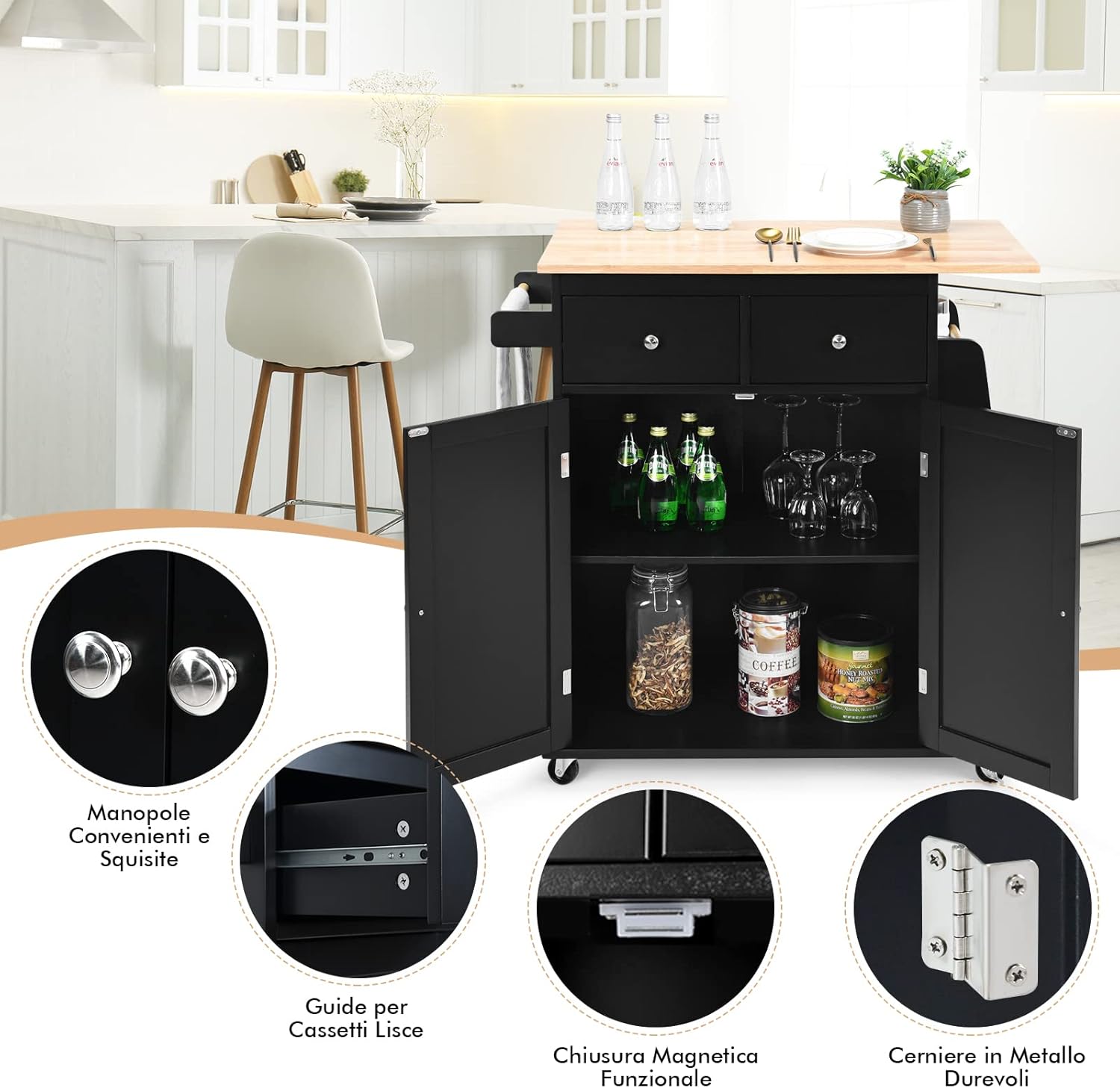 Carrello Cucina con Ruote, Carrello di Servizio con 2 Cassetti e Portaspezie, Portasciugamani e 2 Porte, Ideale per Casa Ristorante e Bar, 88x45x89,5 cm (Nero)