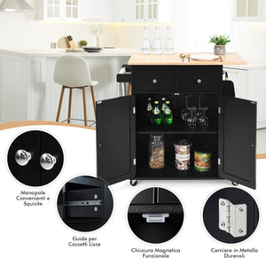 Carrello Cucina con Ruote, Carrello di Servizio con 2 Cassetti e Portaspezie, Portasciugamani e 2 Porte, Ideale per Casa Ristorante e Bar, 88x45x89,5 cm (Nero)