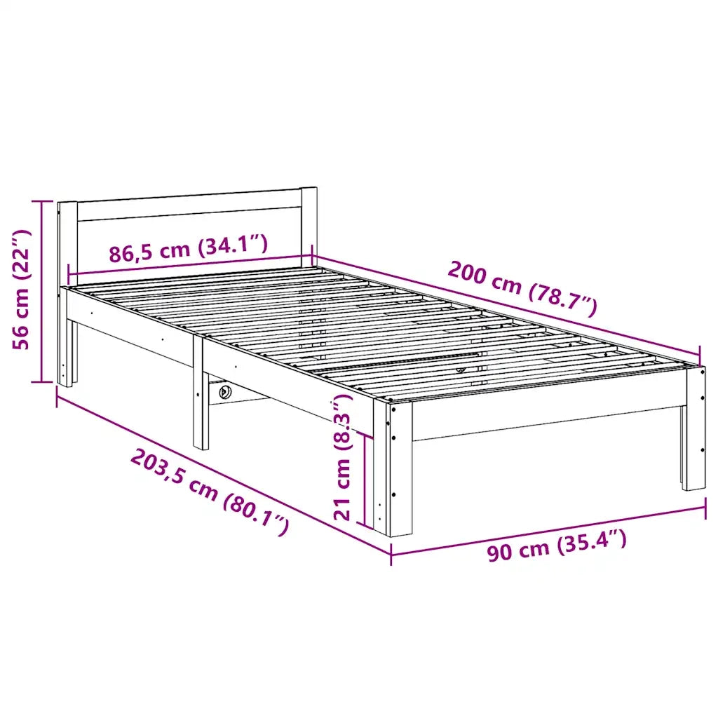 Letto singolo | Letto per adulti | Giroletto senza Materasso 90x200 cm in Legno Massello di Pino