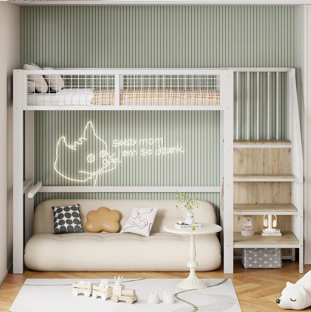Letto a soppalco 90x200 cm con scala e armadio in metallo bianco