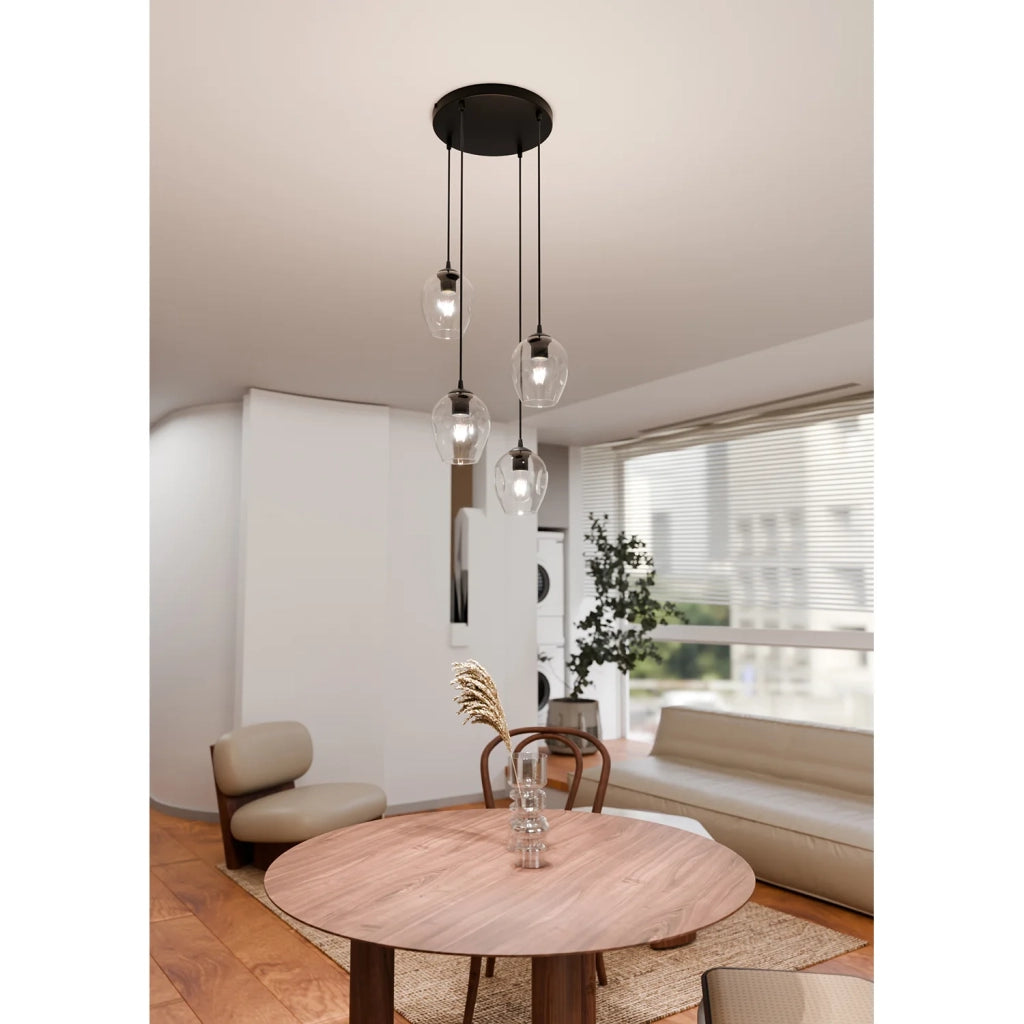 Lampadario 4 Luci Fuxi Base Tonda In Acciaio Nero E Vetri Trasparente