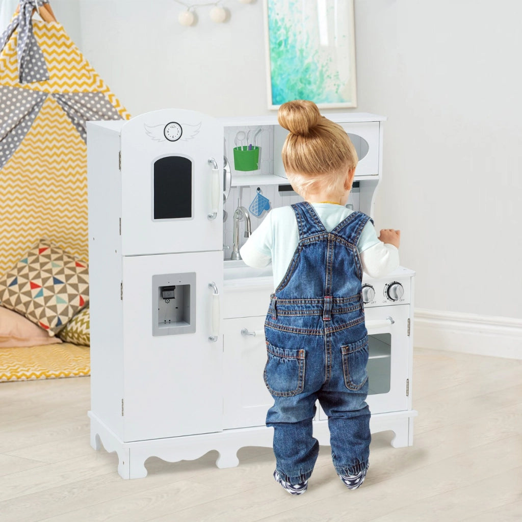 Cucina giocattolo per bambini in legno con accessori telefono lavello forno fornelli, Set giochi cucina Bianco-Cucine giocattoli