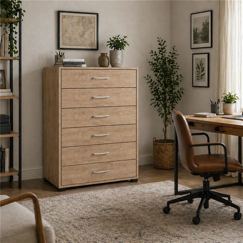 CASSETTIERA IN LEGNO CON SEI CASSETTI E PIANO D 'APPOGGIO COLORE ROVERE DIMENSIONI 68X40X120 CM