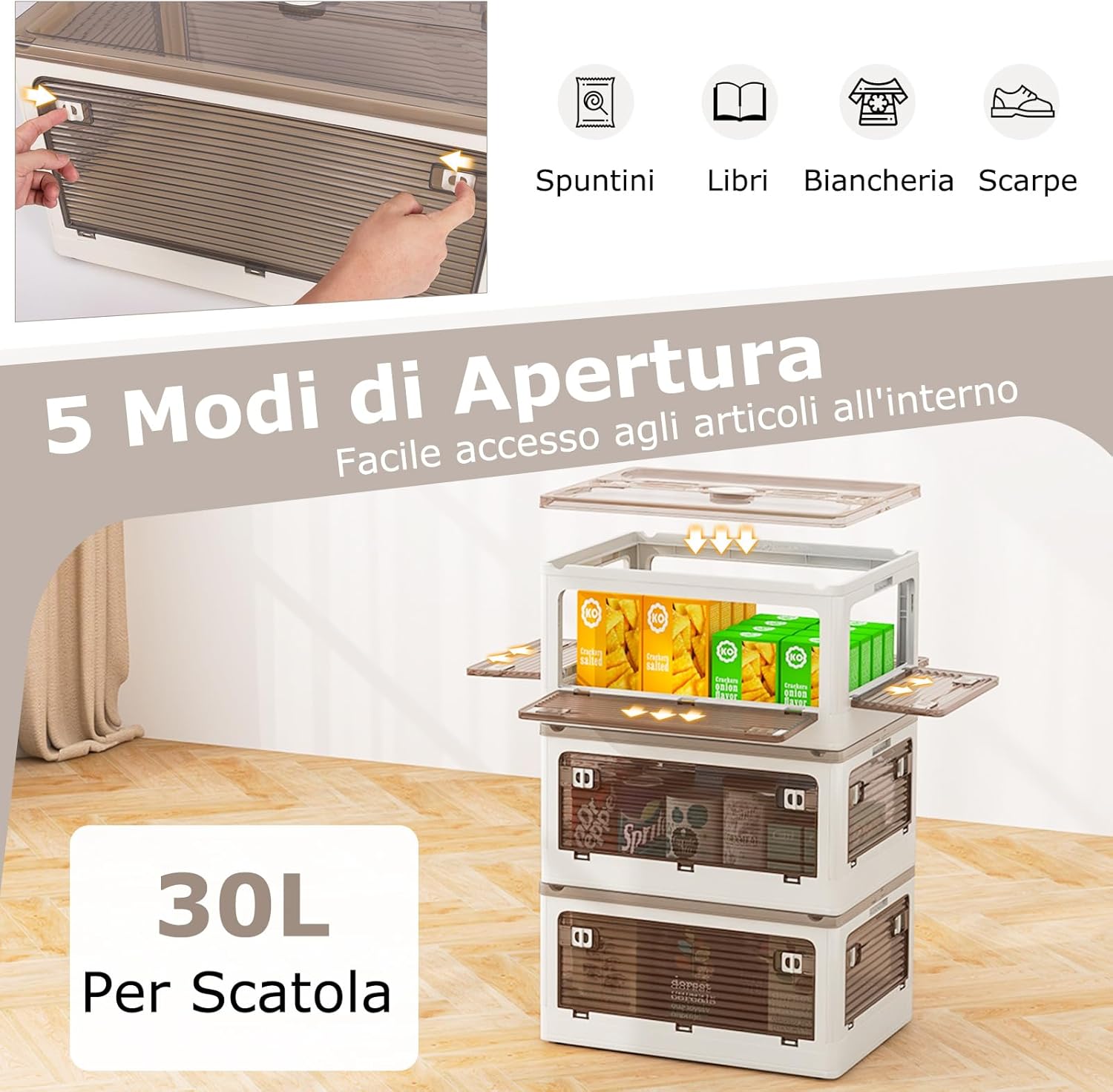 Set di 3 Contenitori Impilabili con Coperchi, Contenitori Pieghevoli in Plastica 132/90 L, Organizzatore con Ruote per Camera da Letto Soggiorno e Cucina (47x35x71,5cm)