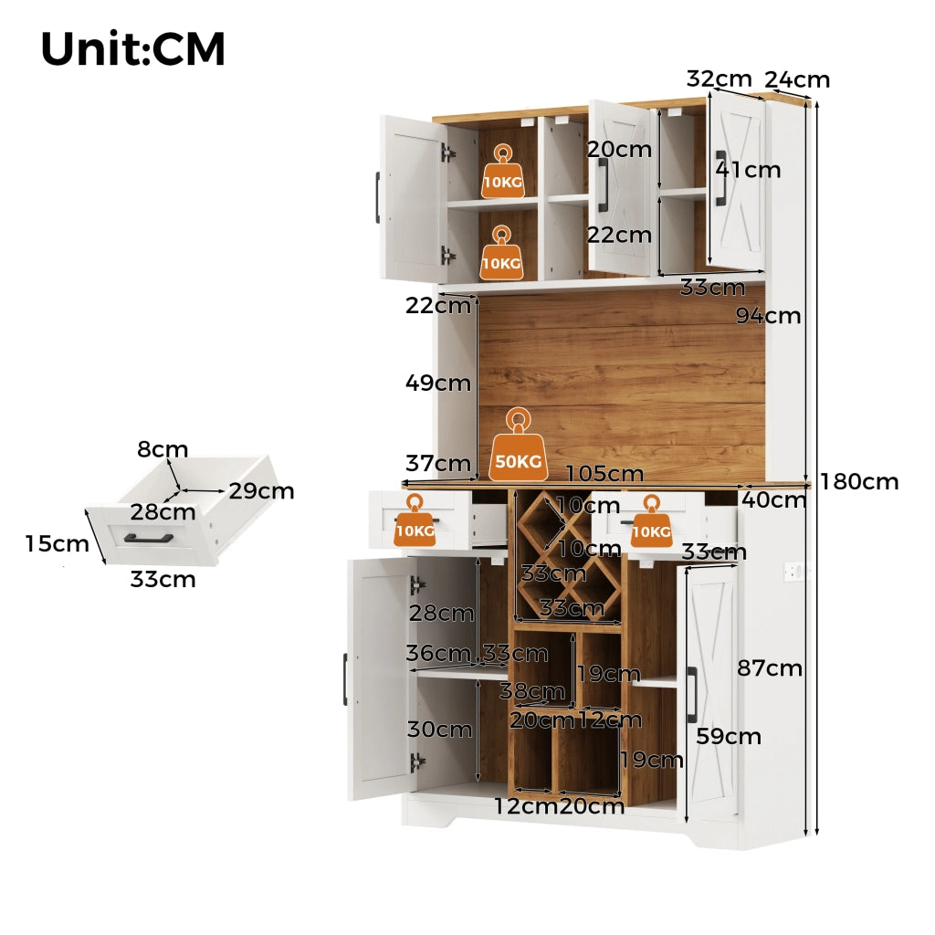 Credenza alta da cucina con LED, 2 cassetti, vani aperti, portabottiglie e prese, per cucina e soggiorno 105 × 40 × 180 cm