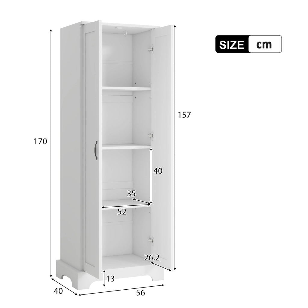 Armadietto da bagno con 2 ante, 4 vani e ripiani regolabili, soft-close, in MDF, bianco, 56 × 40 × 170 cm