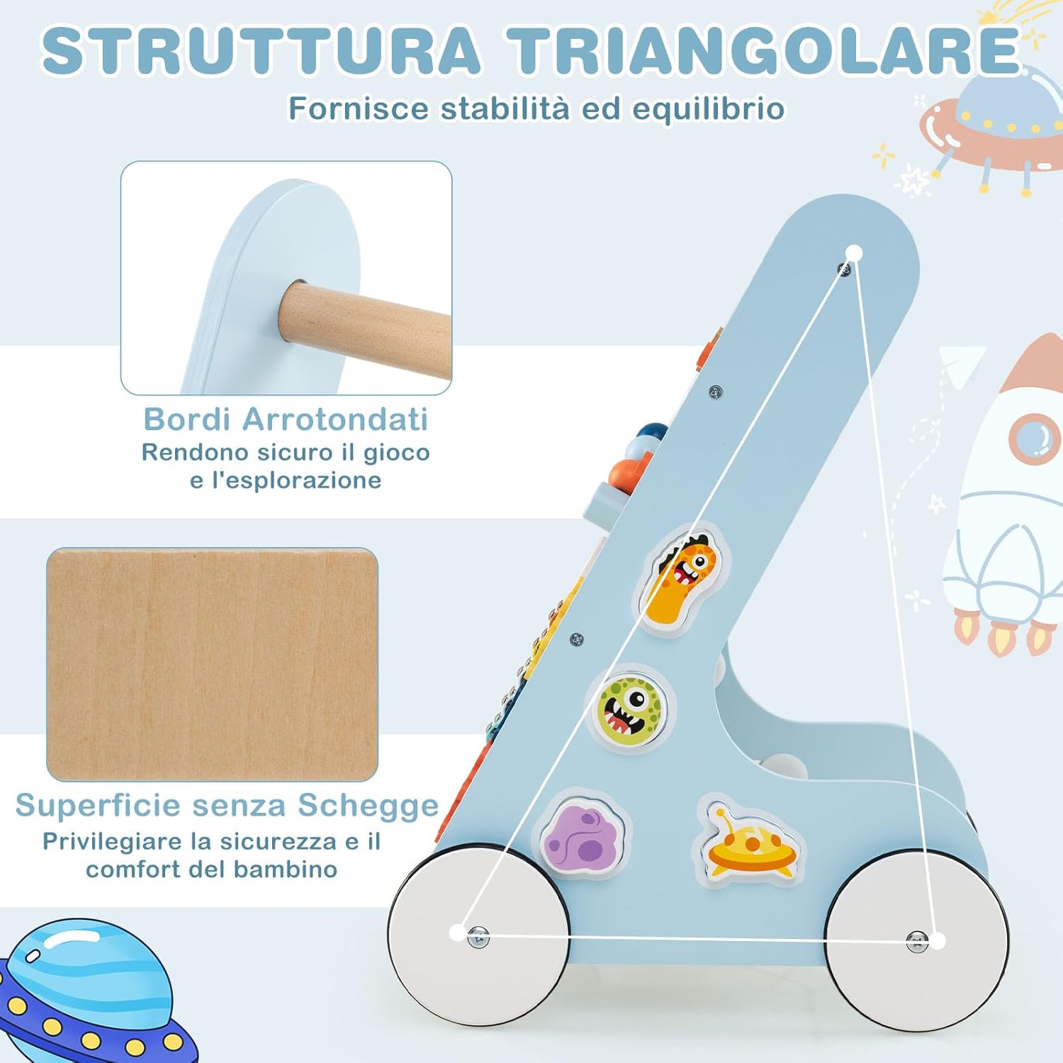 Carrellino Primi Passi 8 in 1, Girello in Legno per Bambini, Giocattolo Montessori, Centro Attività di Apprendimento a Spinta, Giocattolo a Spinta per Bambini di 1+ Anni (Blu)