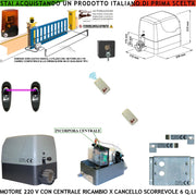 Cancello Scorrevole da 6 Q.li Ricambio Motore Elettrico 230 V Con Centrale Radiocomando Faro Fotocellule Fine Corsa Accessori Fissaggio Condensatore Pignone Z12 Per Cremagliera in Nylon Tutte Marche