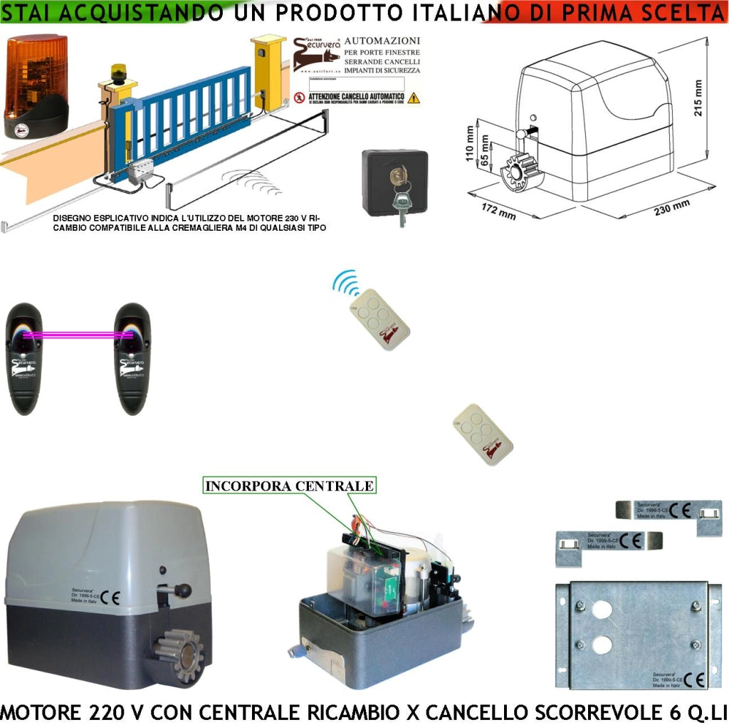 Cancello Scorrevole da 6 Q.li Ricambio Motore Elettrico 230 V Con Centrale Radiocomando Faro Fotocellule Fine Corsa Accessori Fissaggio Condensatore Pignone Z12 Per Cremagliera in Nylon Tutte Marche