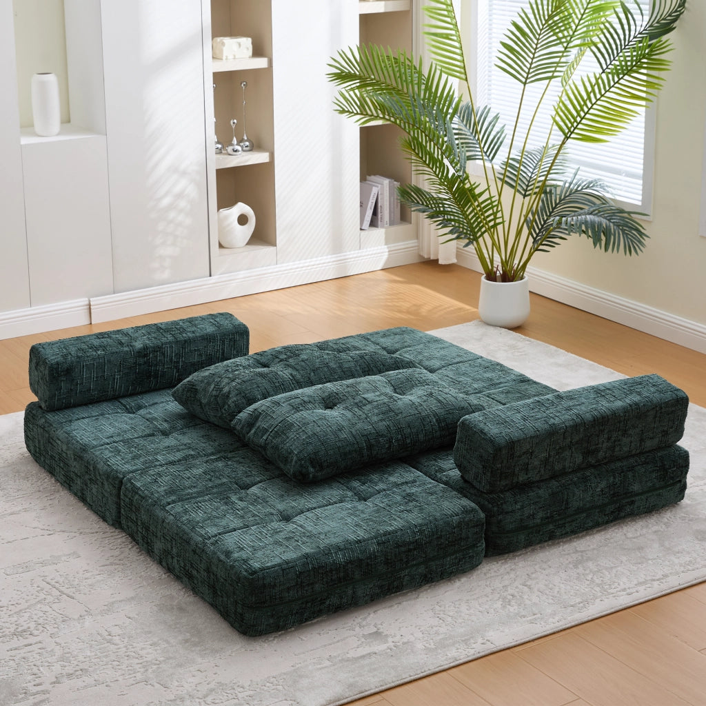 Divano Letto Pieghevole con Schienale, Cuscino Poggiatesta e Cuscino Lombare, in Ciniglia, Verde Smeraldo